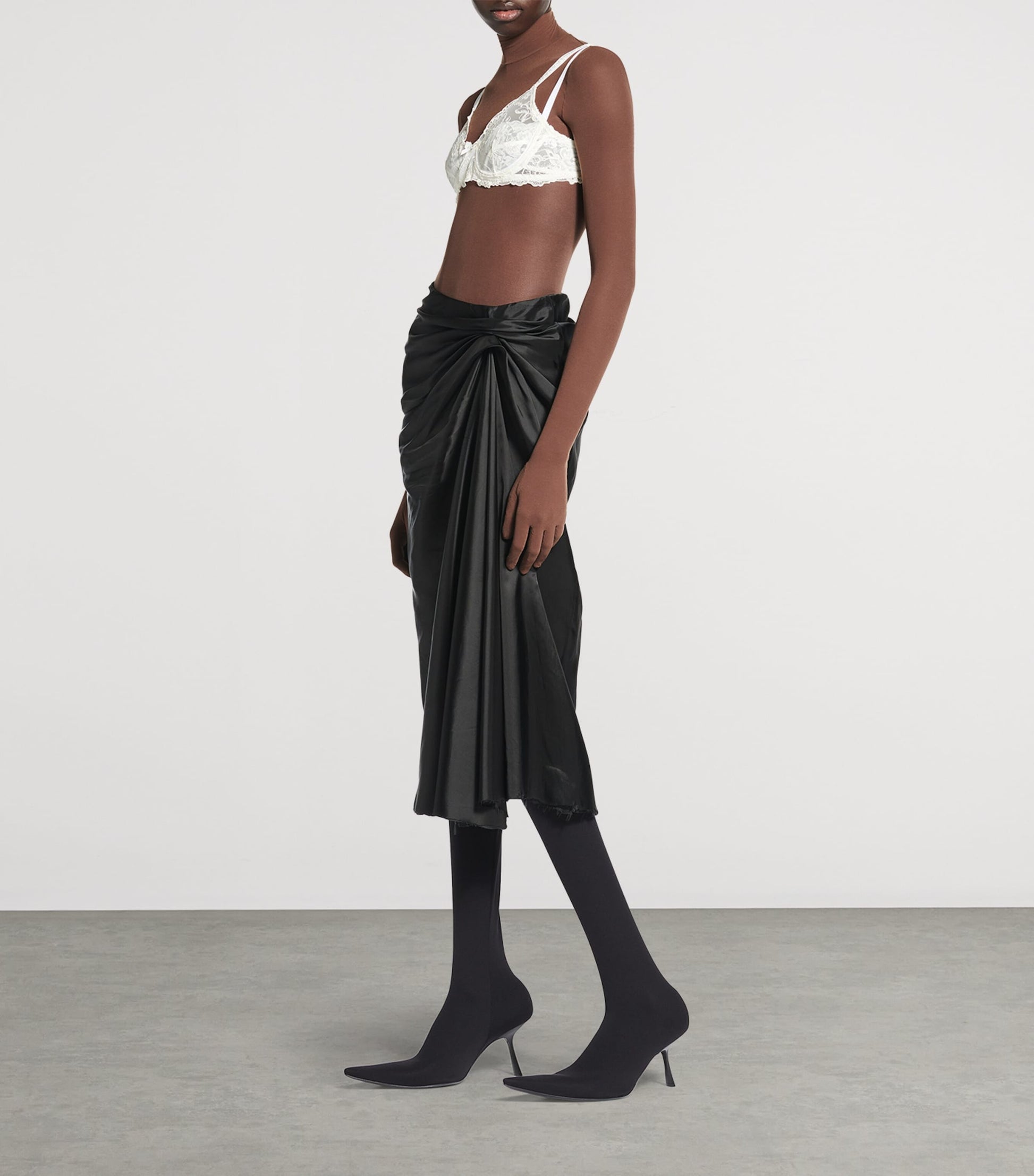 Balenciaga Black Satin Gathered Midi Skirt