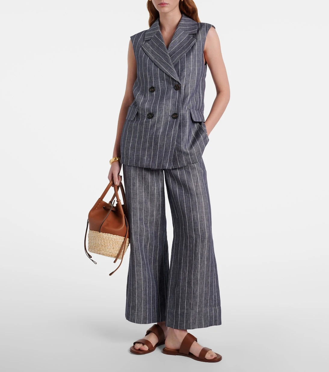'S Max Mara - بنطلون كتان واسع الساقين بنقشة مخططة كريستا