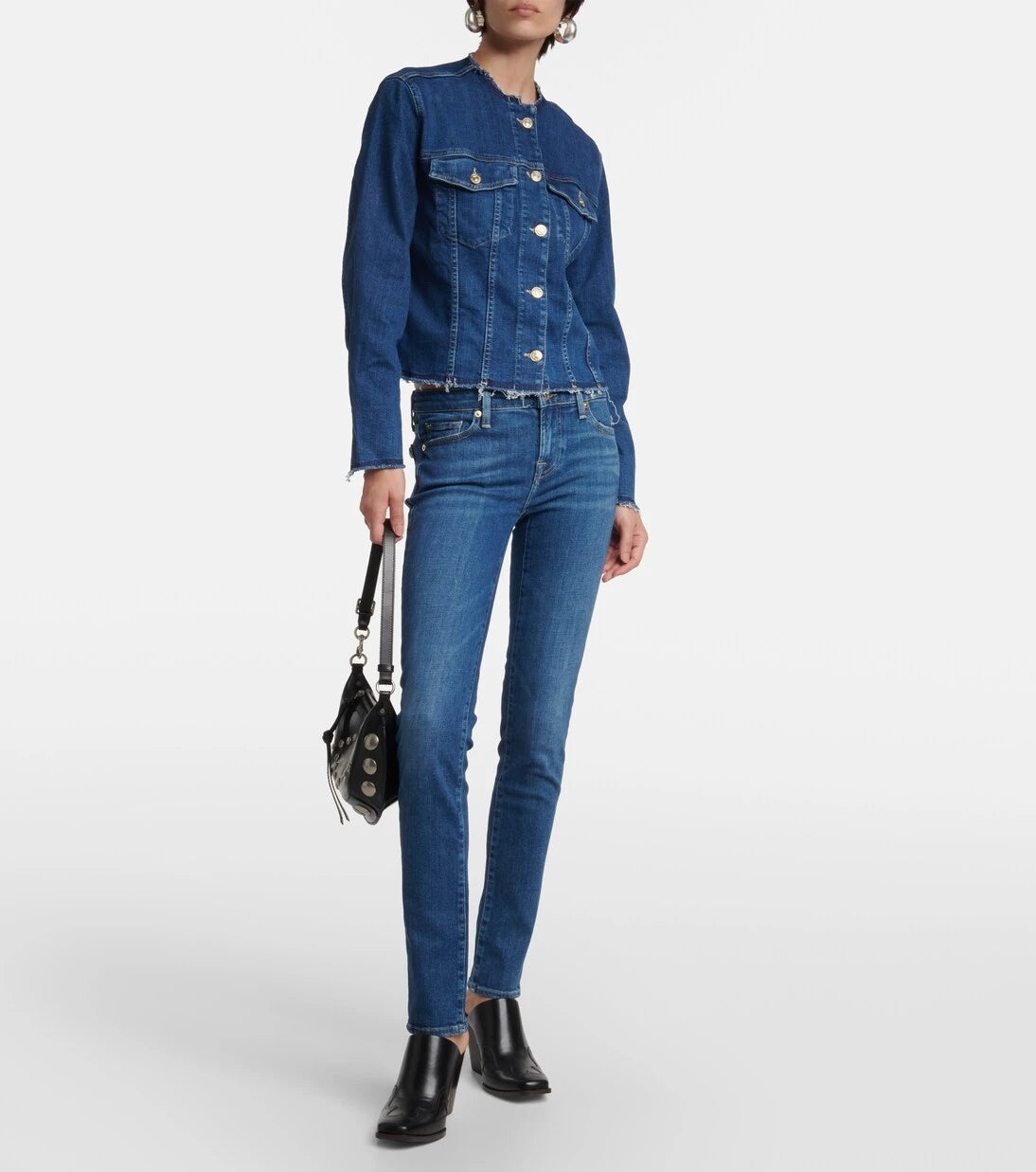 7 For All Mankind - بنطلون جينز بايبير سكيني متوسط الارتفاع