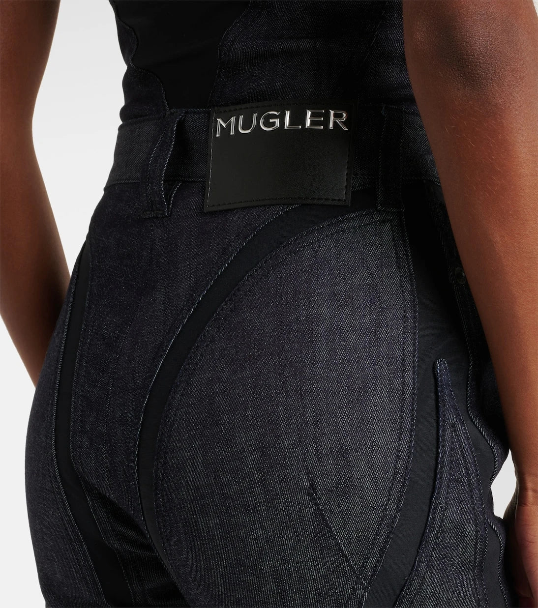 Mugler - Mesh-trimmed denim capri pants