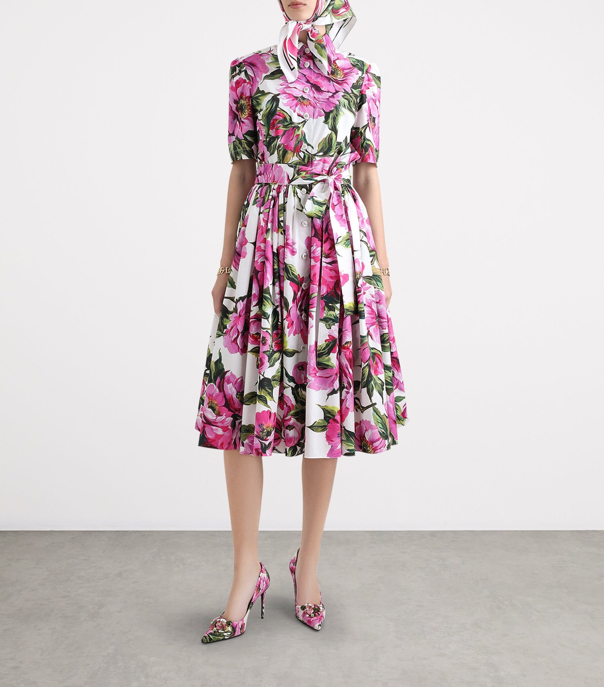 Dolce & Gabbana Multi Floral Print Midi Shirt Dress