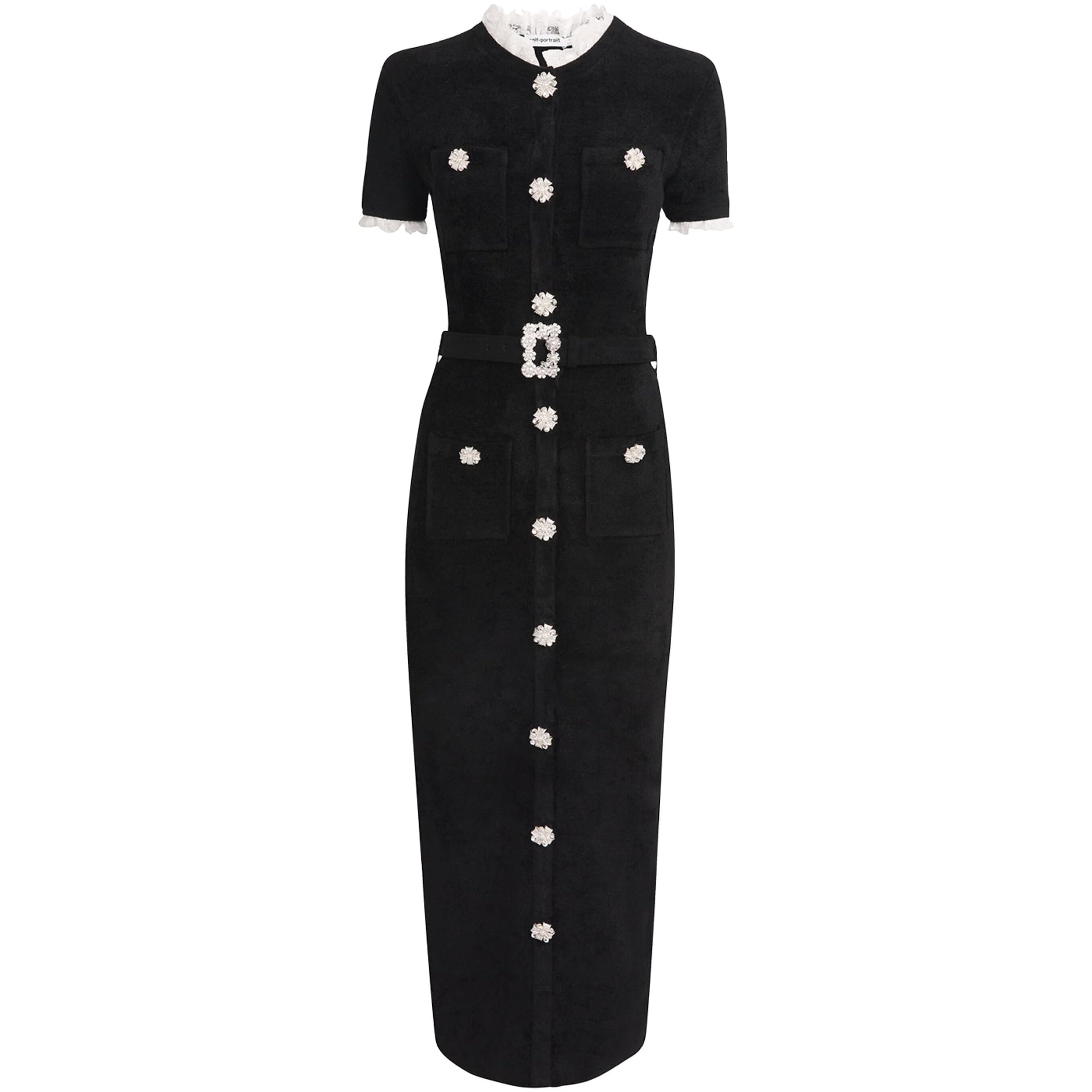 Self-Portrait Black Chenille Lace-Trim Midi Dress