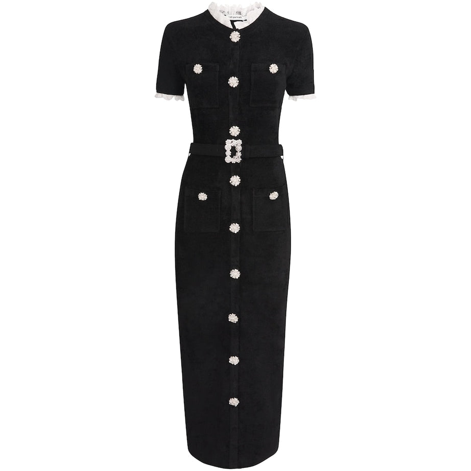 Self-Portrait Black Chenille Lace-Trim Midi Dress