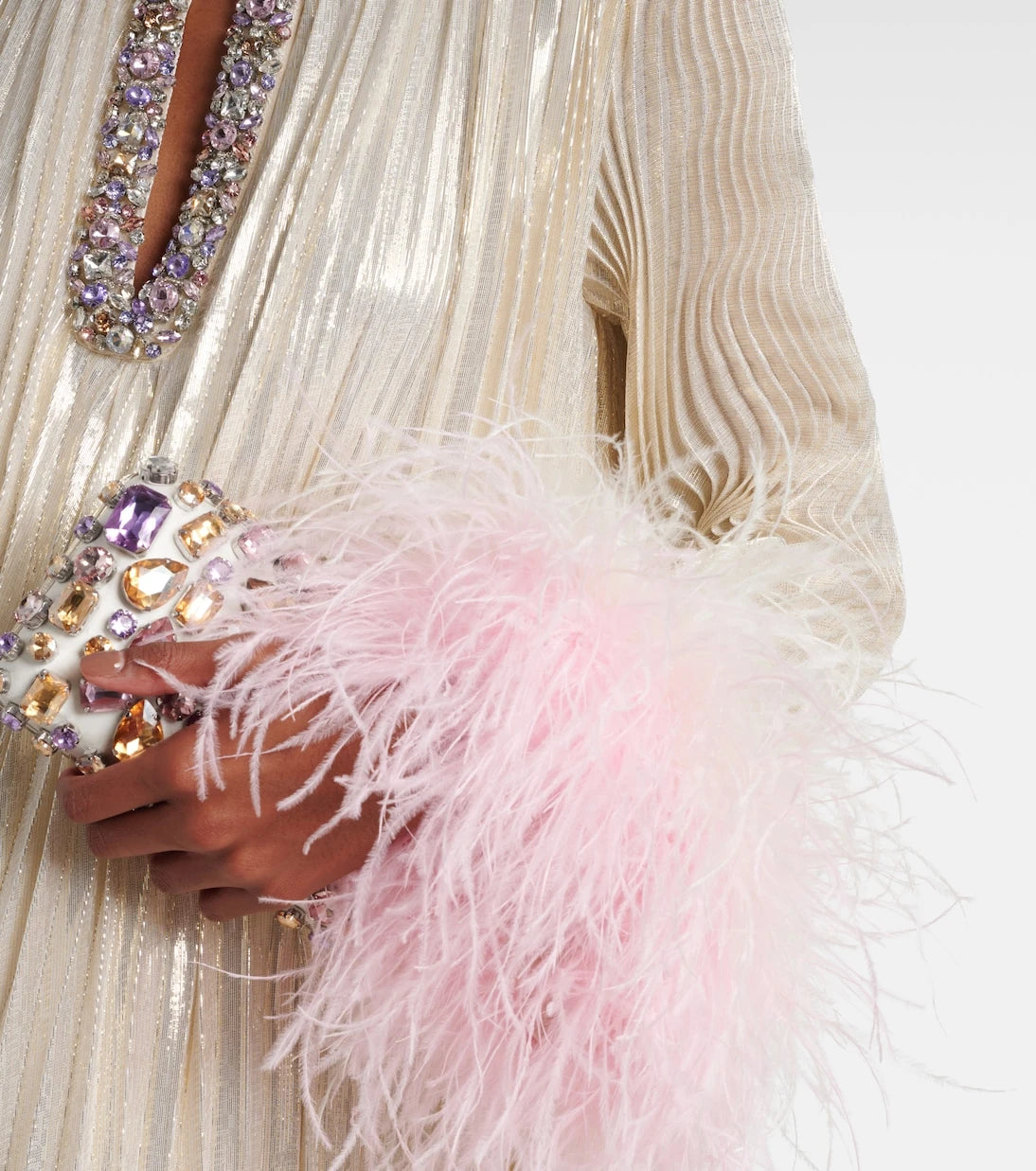 Self-Portrait - Embellished feather-trimmed silk-blend maxi dress