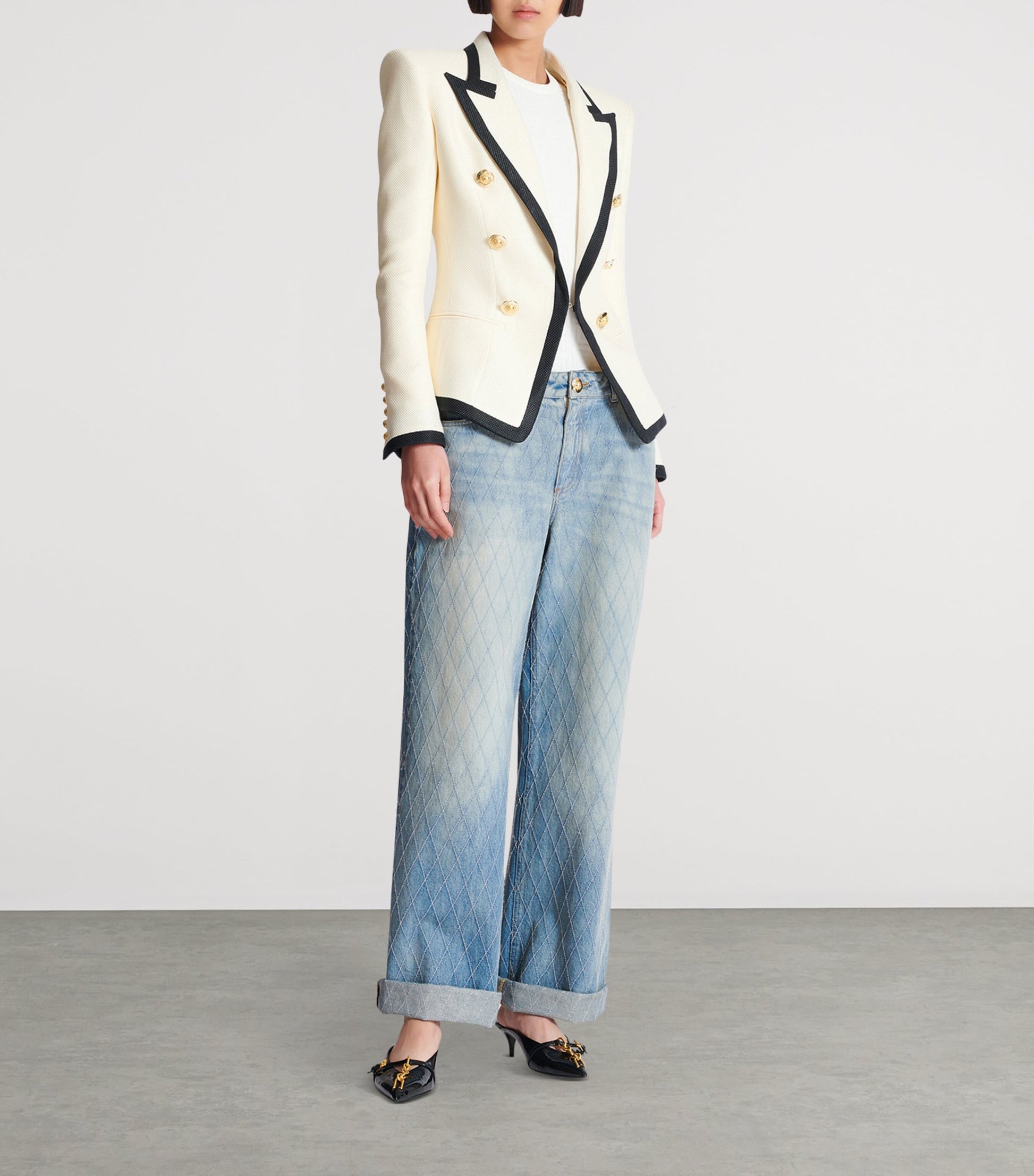 Balmain Beige Basket Weave Bordered Blazer