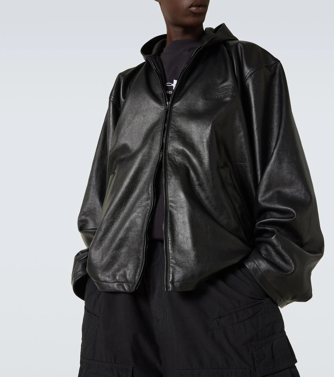 Balenciaga - بلوزون جلد بغطاء للرأس