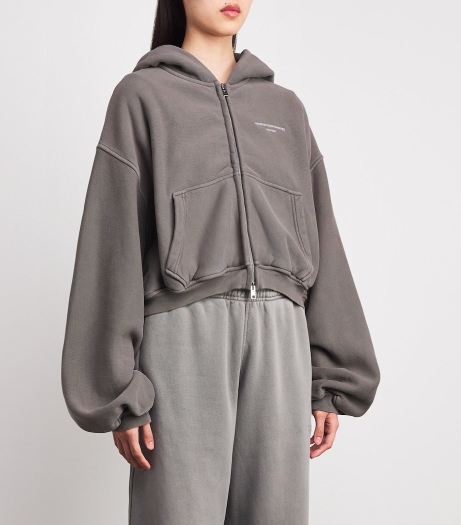 Alexander Wang Grey Stretch-Cotton Oversized Cropped Hoodie