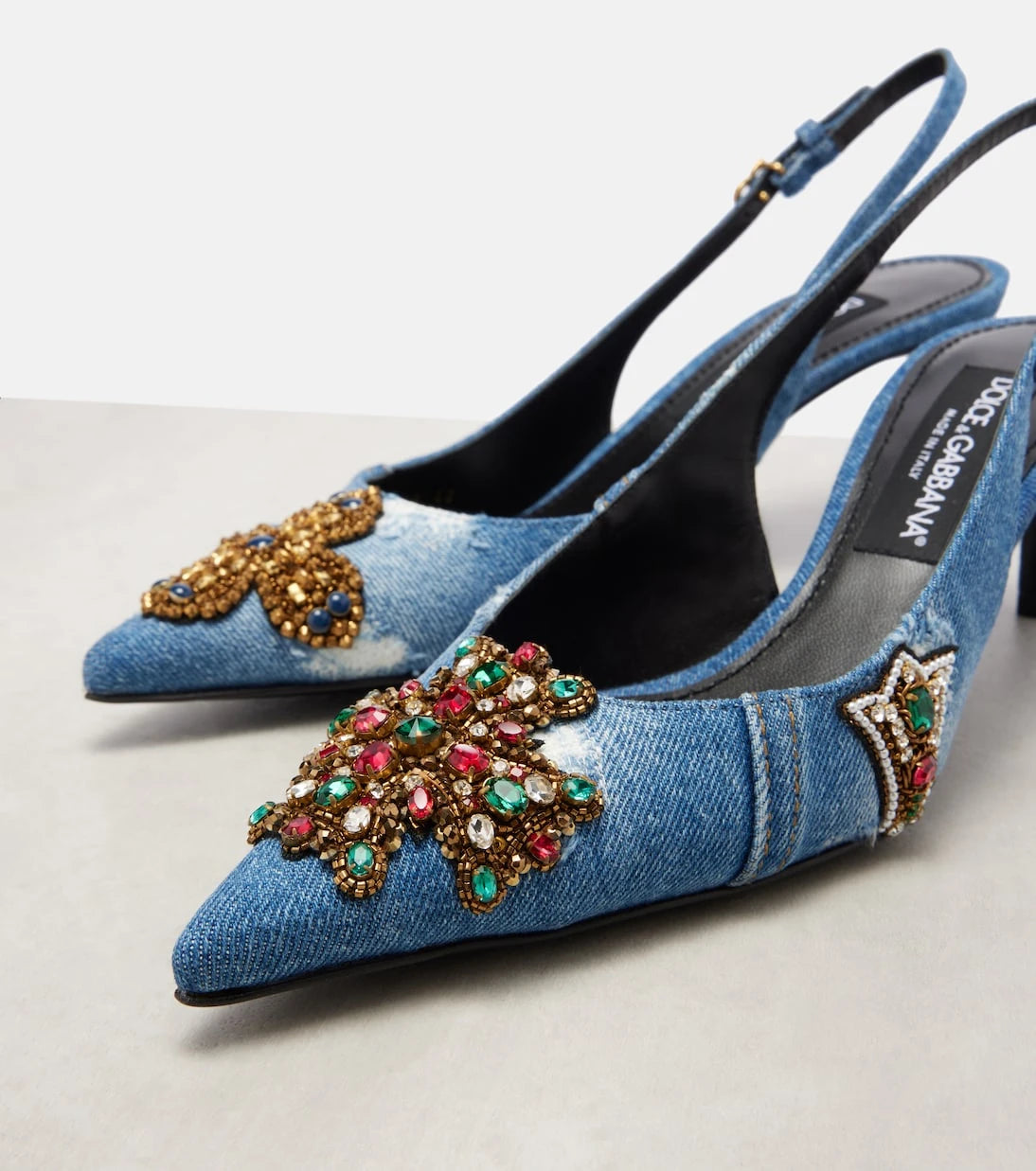 Dolce&Gabbana - حذاء كعب عالٍ خلفي مفتوح من الدنيم والمزين قياس 60