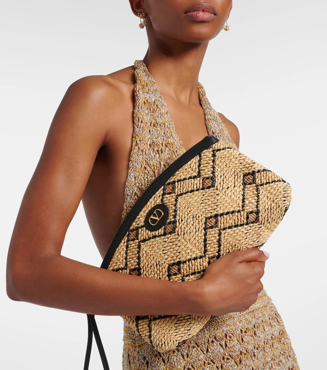 Valentino Garavani - VLogo Small leather-trimmed raffia pouch