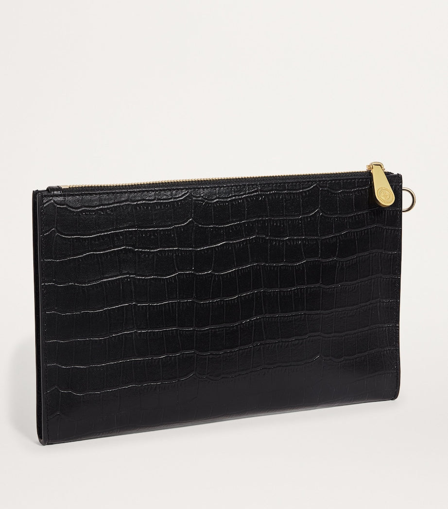Black Medium Croc-Embossed Leather Pouch