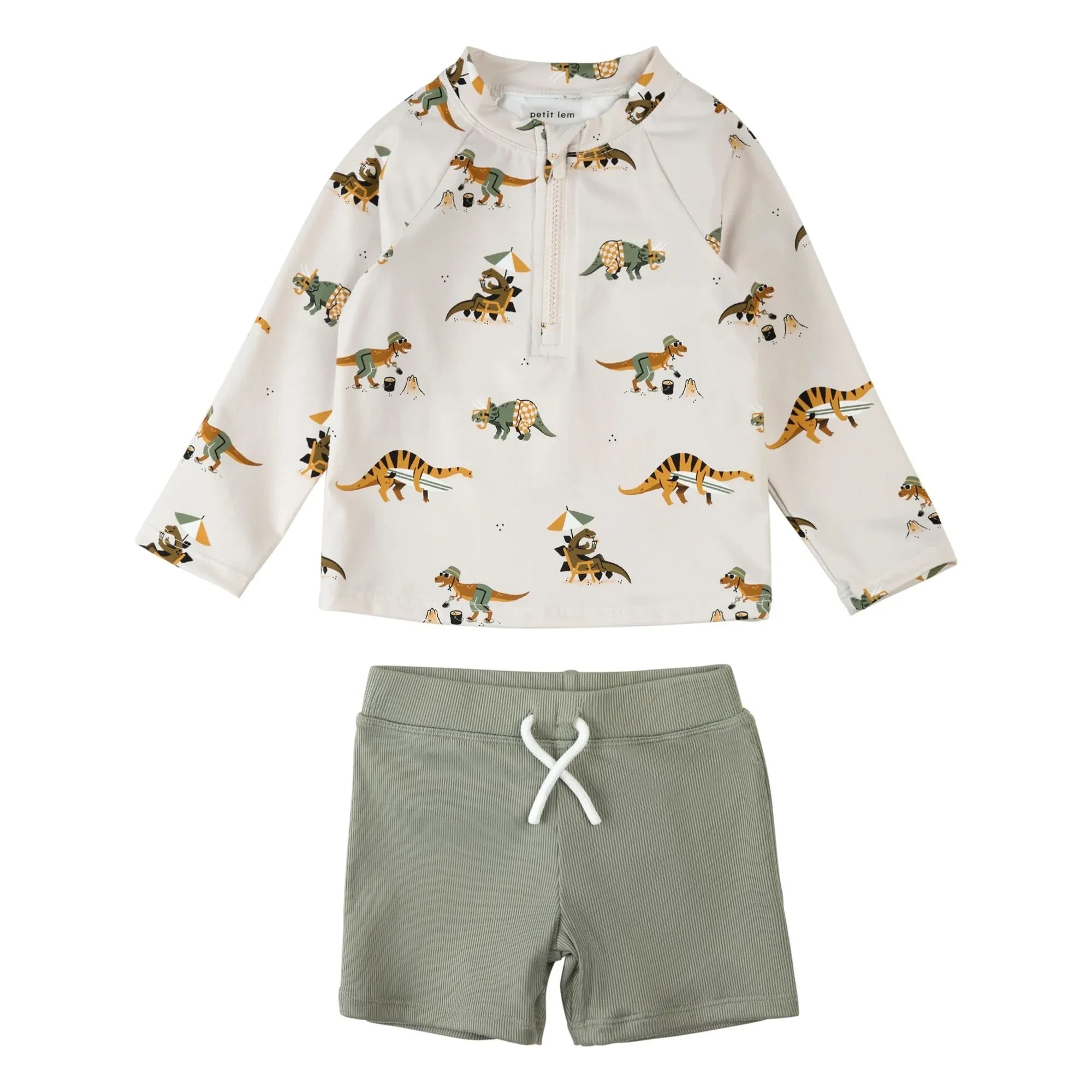 Petit Lem - Dinosaurs Recycled Fiber UV Protection T-shirt and Short Set | Khaki