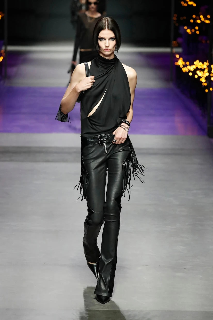 Versace - Cutout turtleneck satin top