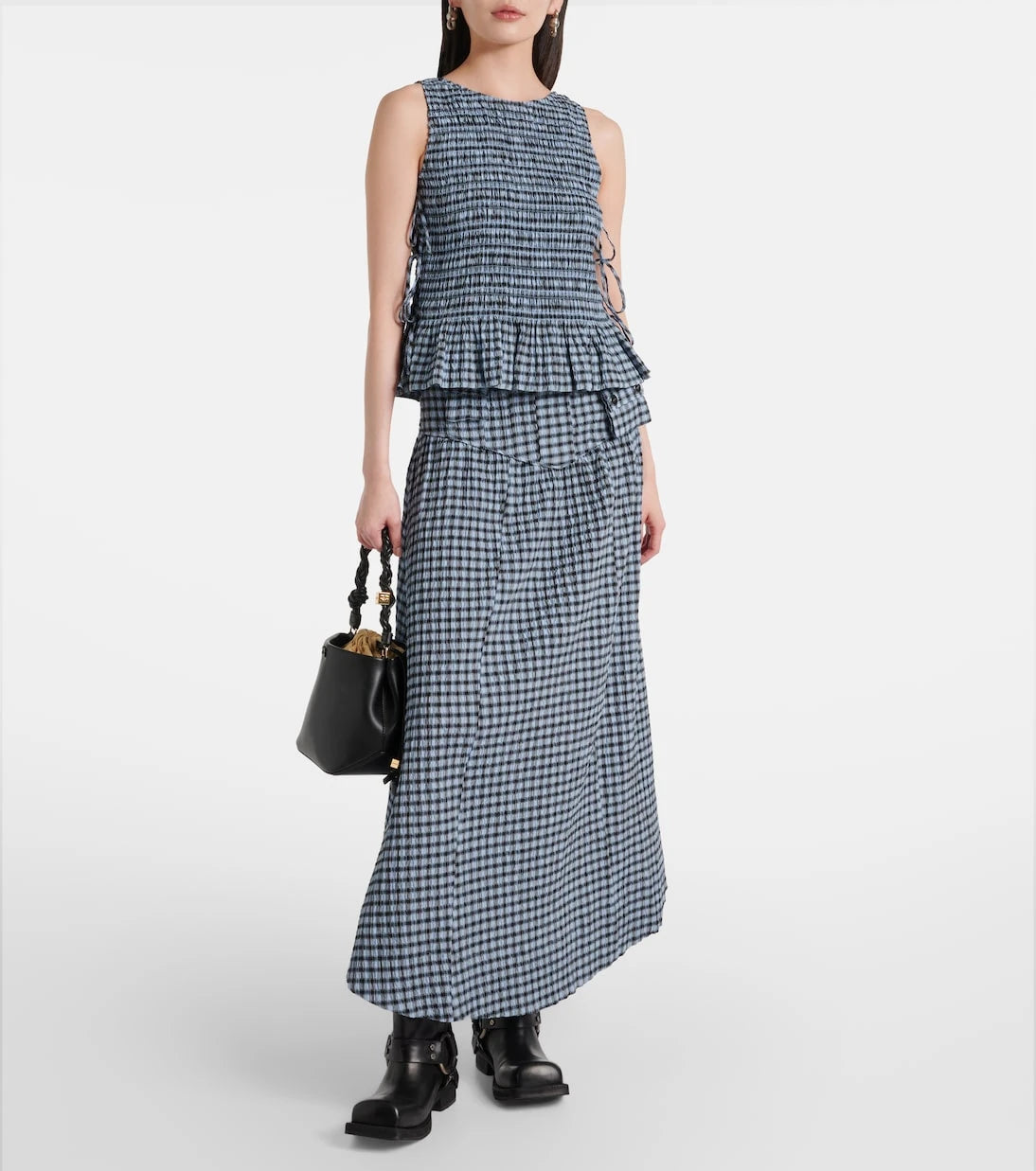 Ganni - Gingham high-rise cotton-blend maxi skirt