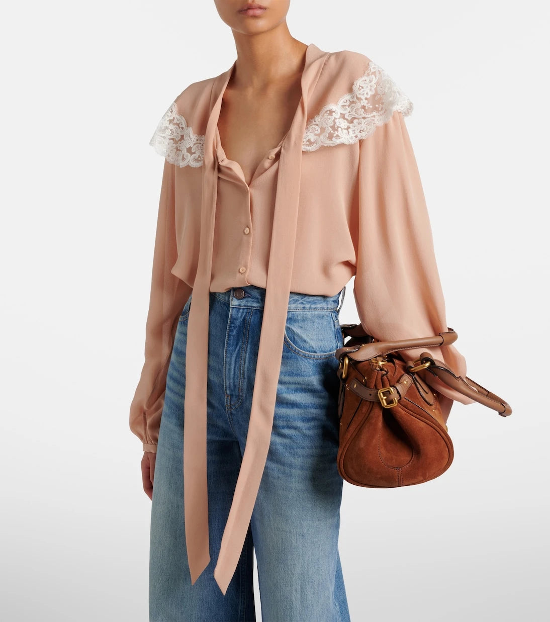 Chloé - Lace-trimmed tie-neck silk blouse