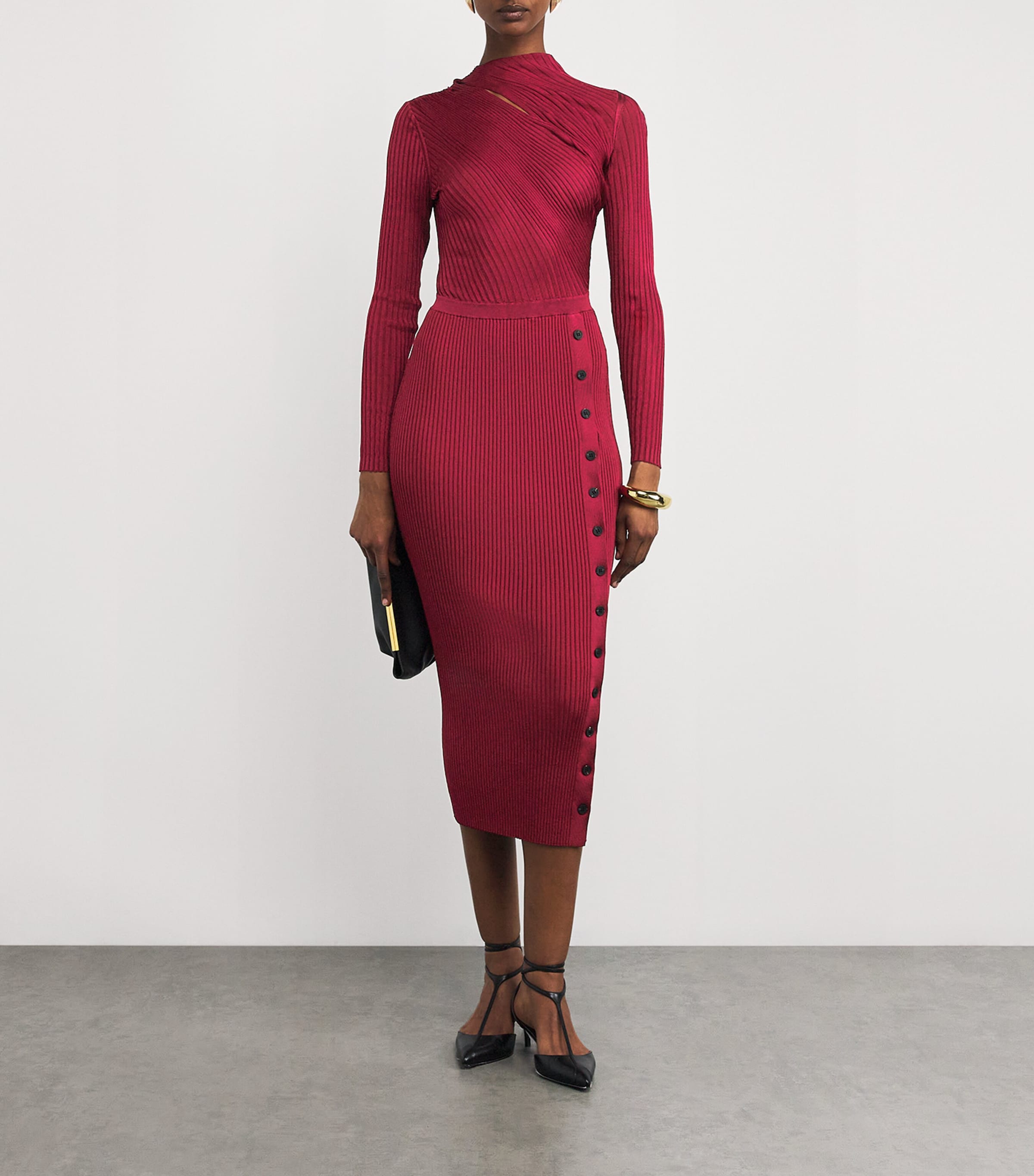 Self-Portrait Burgundy Button-Detail Midi Dress