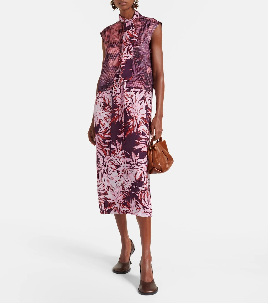 Dries Van Noten - Printed tie-neck midi dress