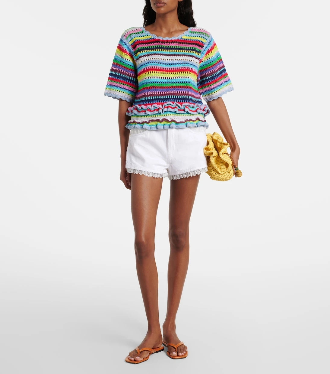 Ganni - Lace-trimmed denim shorts