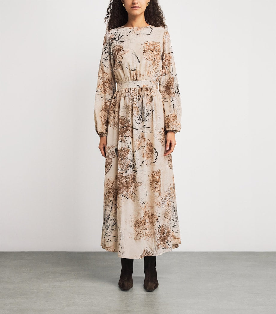 Eleventy Beige Silk Printed Maxi Dress