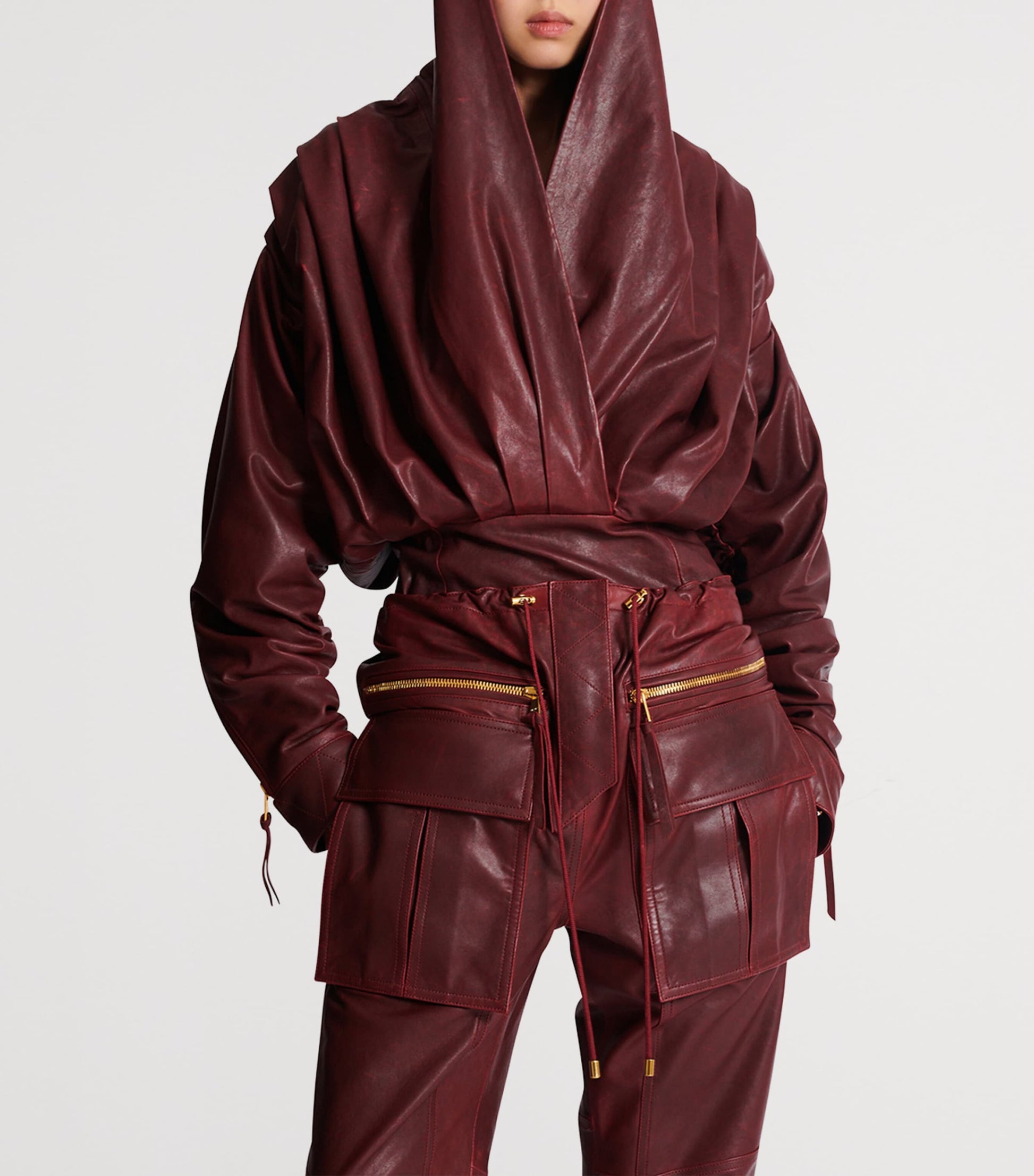 Balmain Brown Leather Hooded Mini Dress