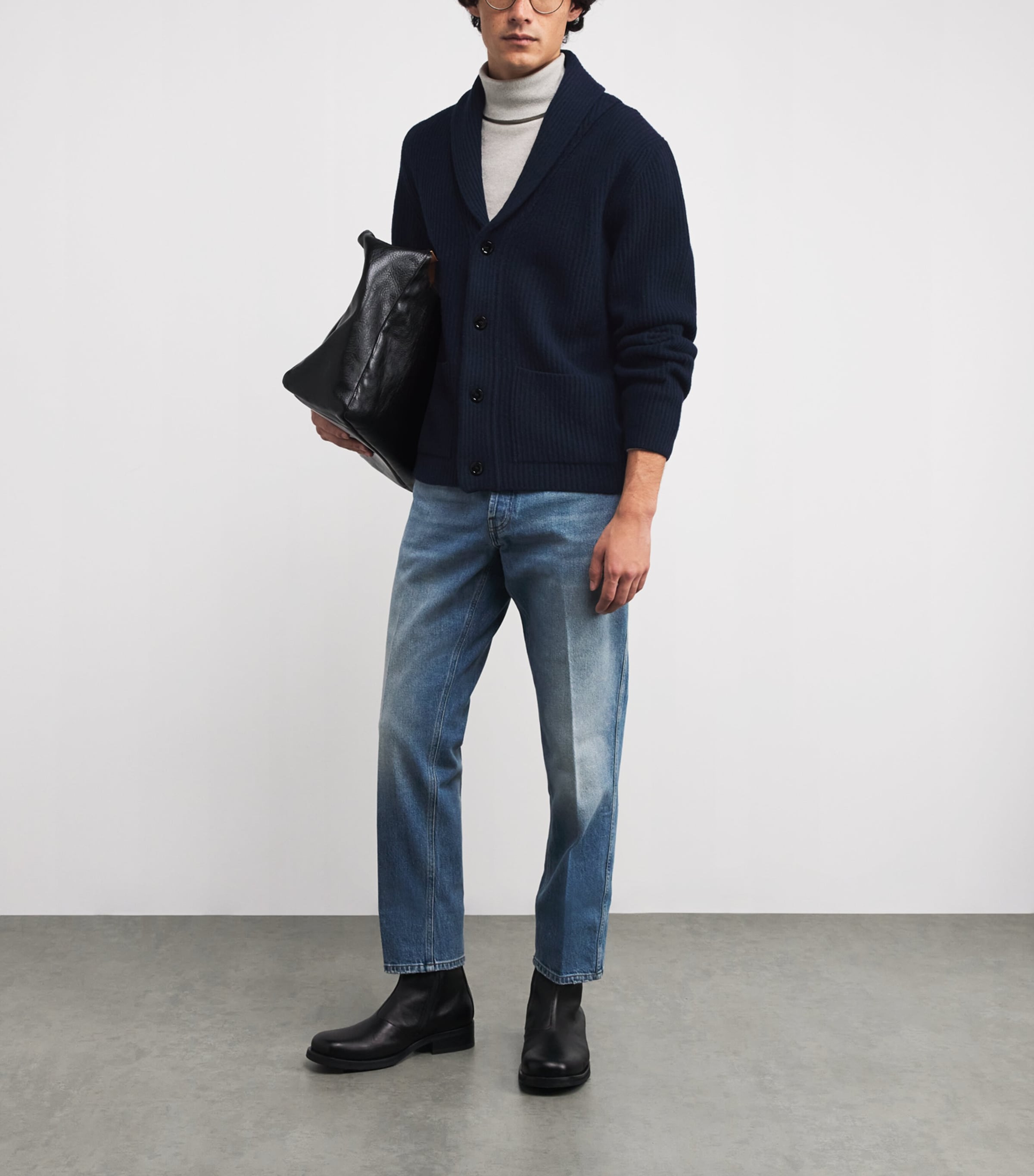 Navy Wool-Cashmere Shawl-Collar Cardigan