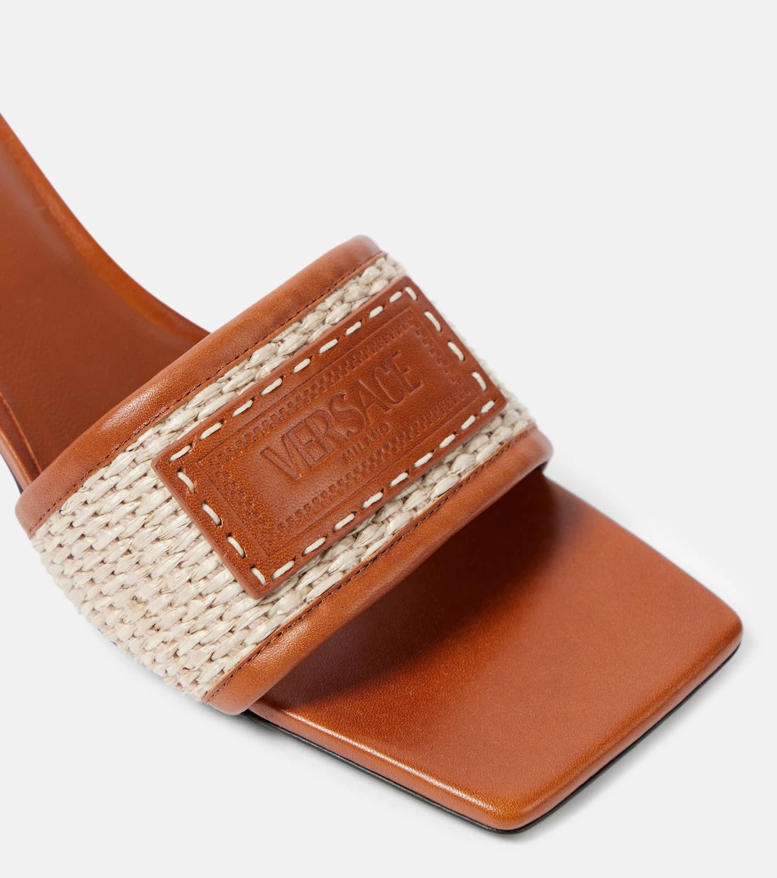 Versace - Theia Barocco deri şeritli rafya mule terlik