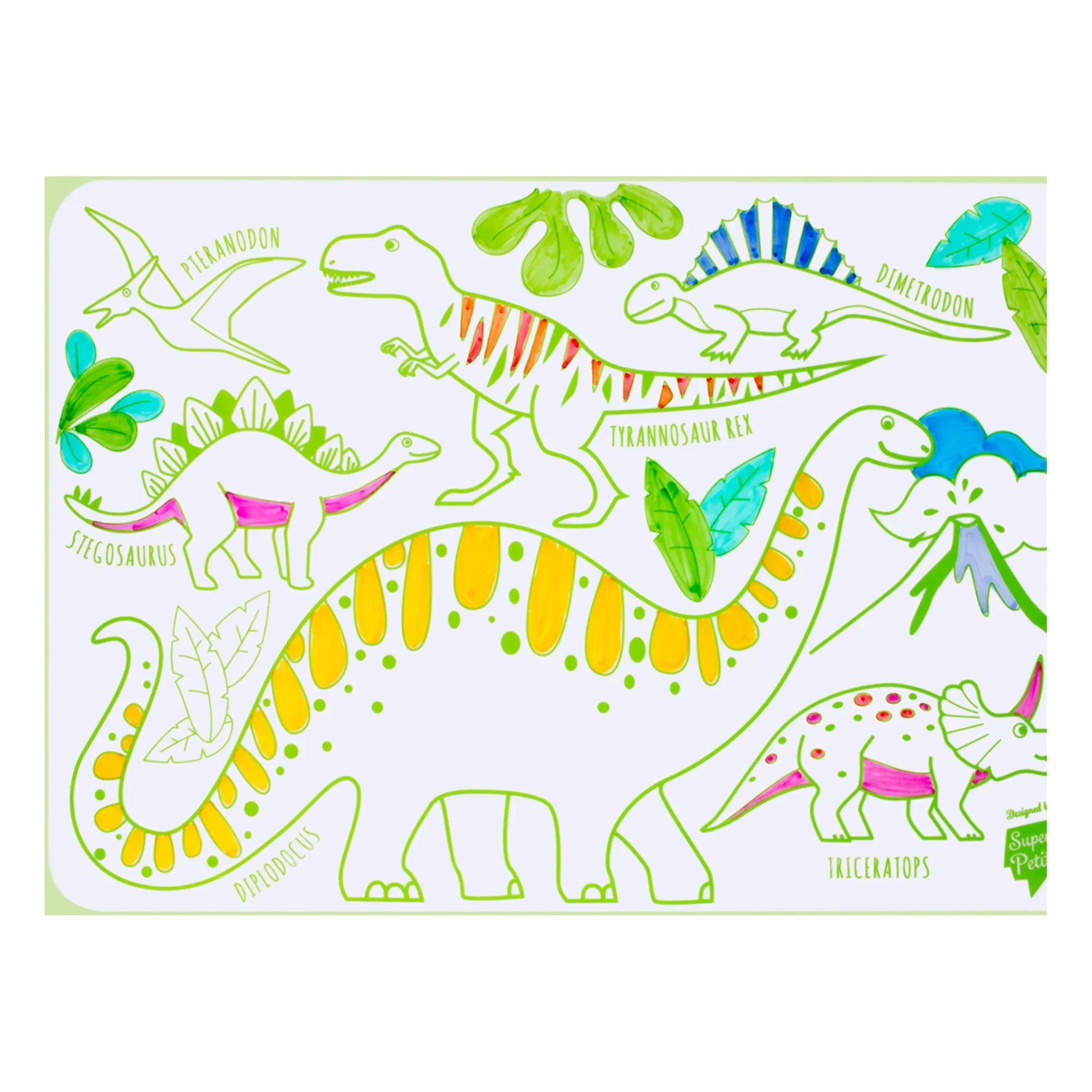 Superpetit - Mini Reversible Coloring Placemats With 4 Felt Pens - Dinosaur