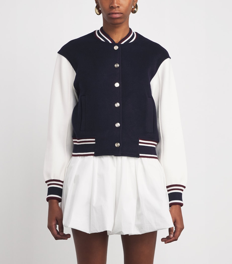Blue Wool Stripe-Trim Bomber Jacket
