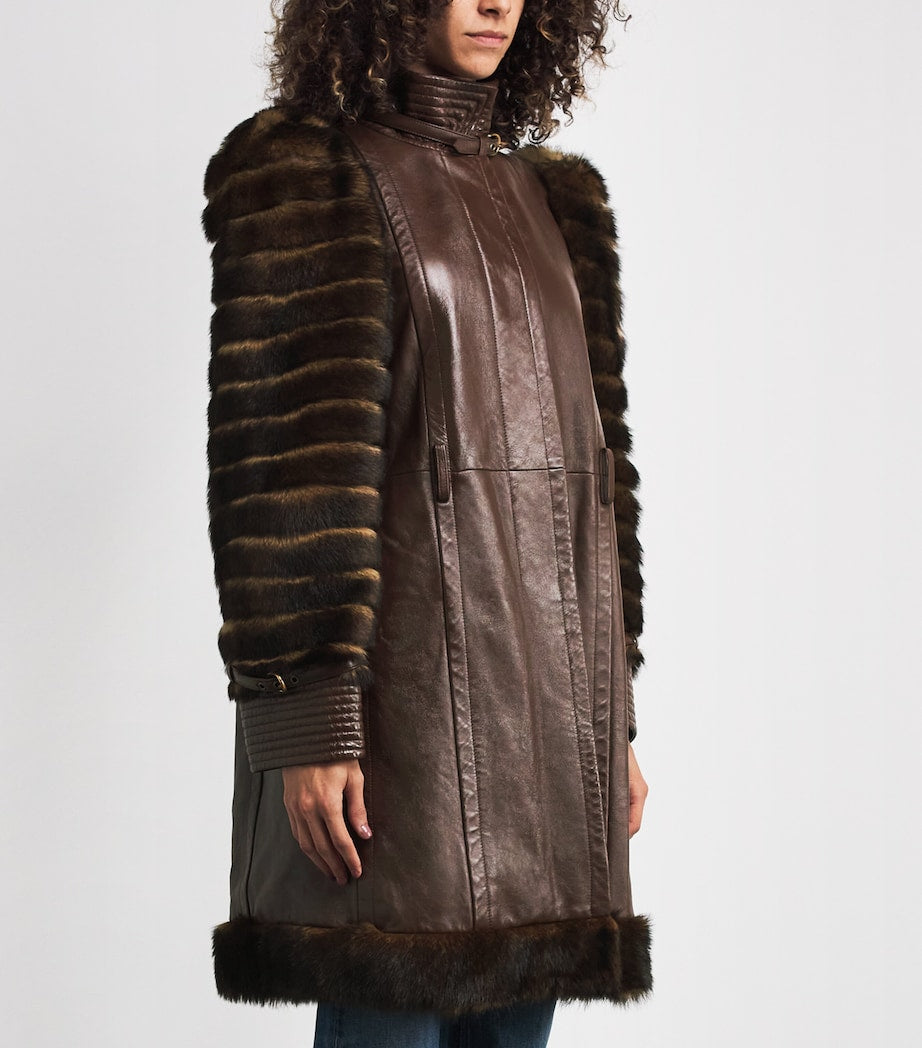 Chloé Brown Leather Fur-Trim Coat