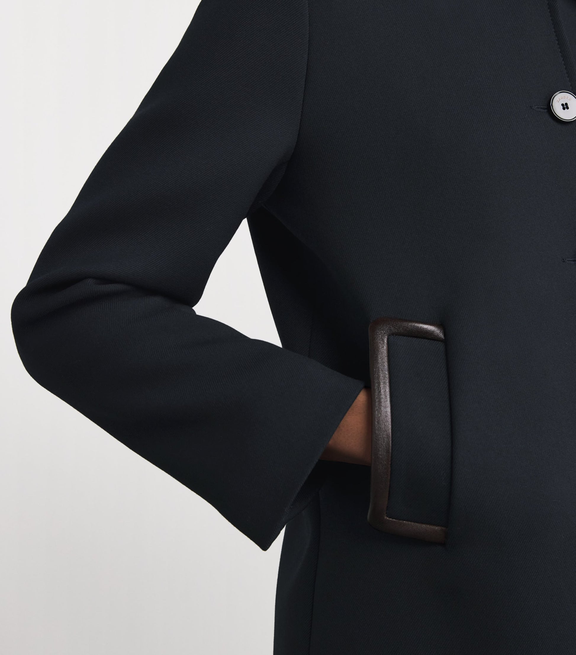 Twill Leather-Trim Coat NAVY BLUE