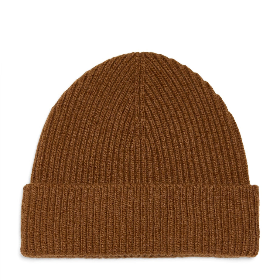 Brown Cashmere Rib-Knit Beanie