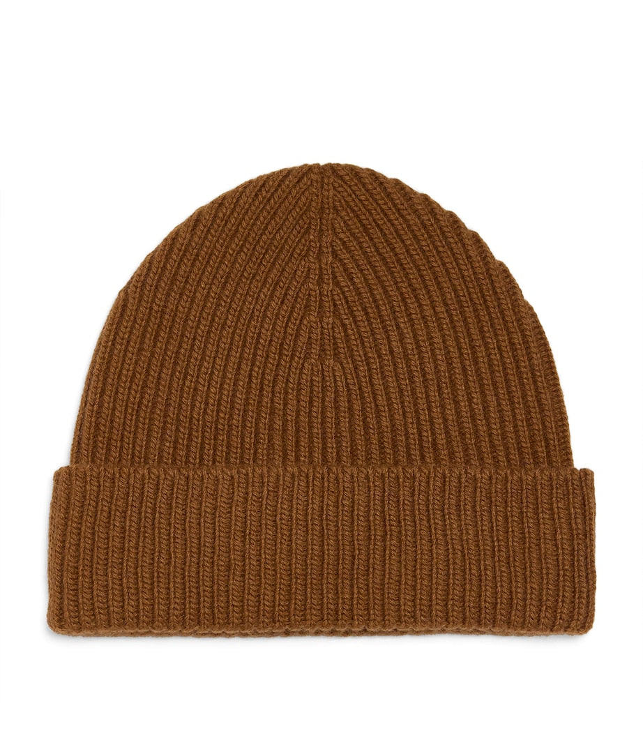 Brown Cashmere Rib-Knit Beanie