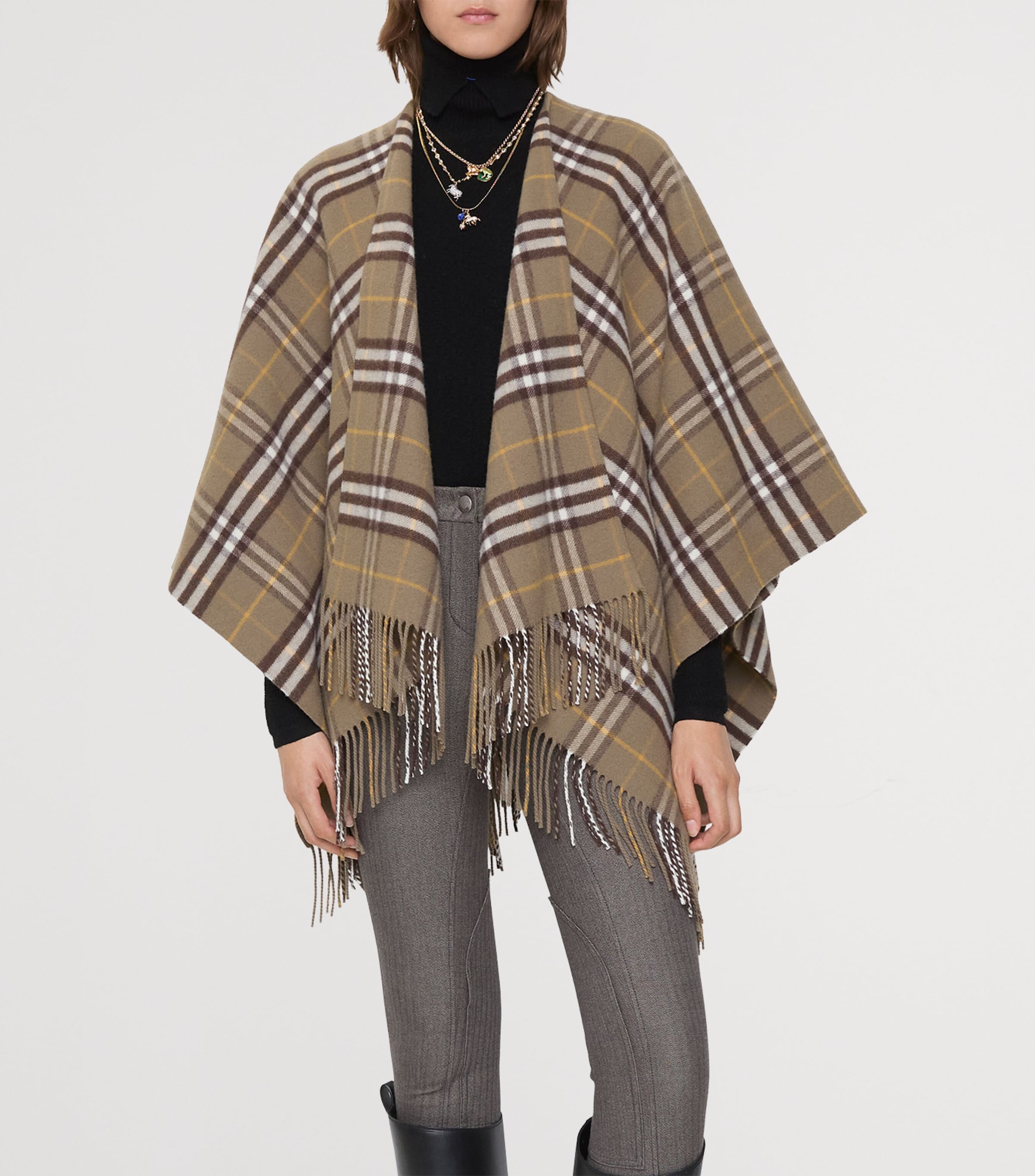 Beige Wool-Cashmere Check Cape