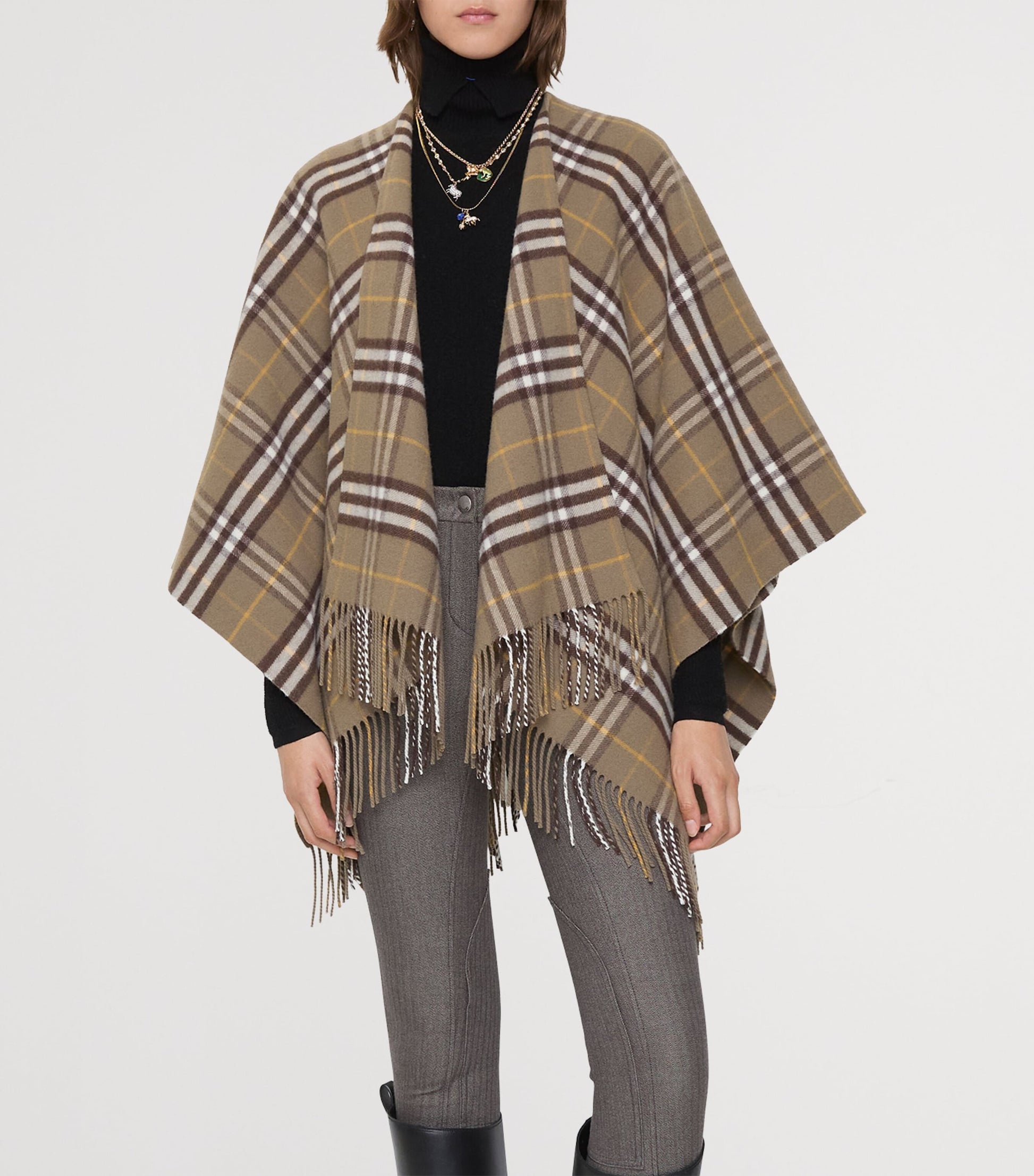 Beige Wool-Cashmere Check Cape