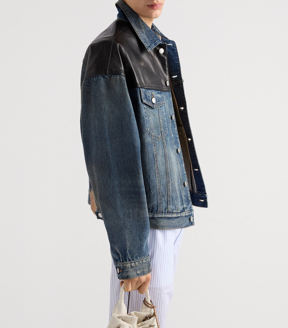 Prada Blue Leather-Detail Denim Jacket