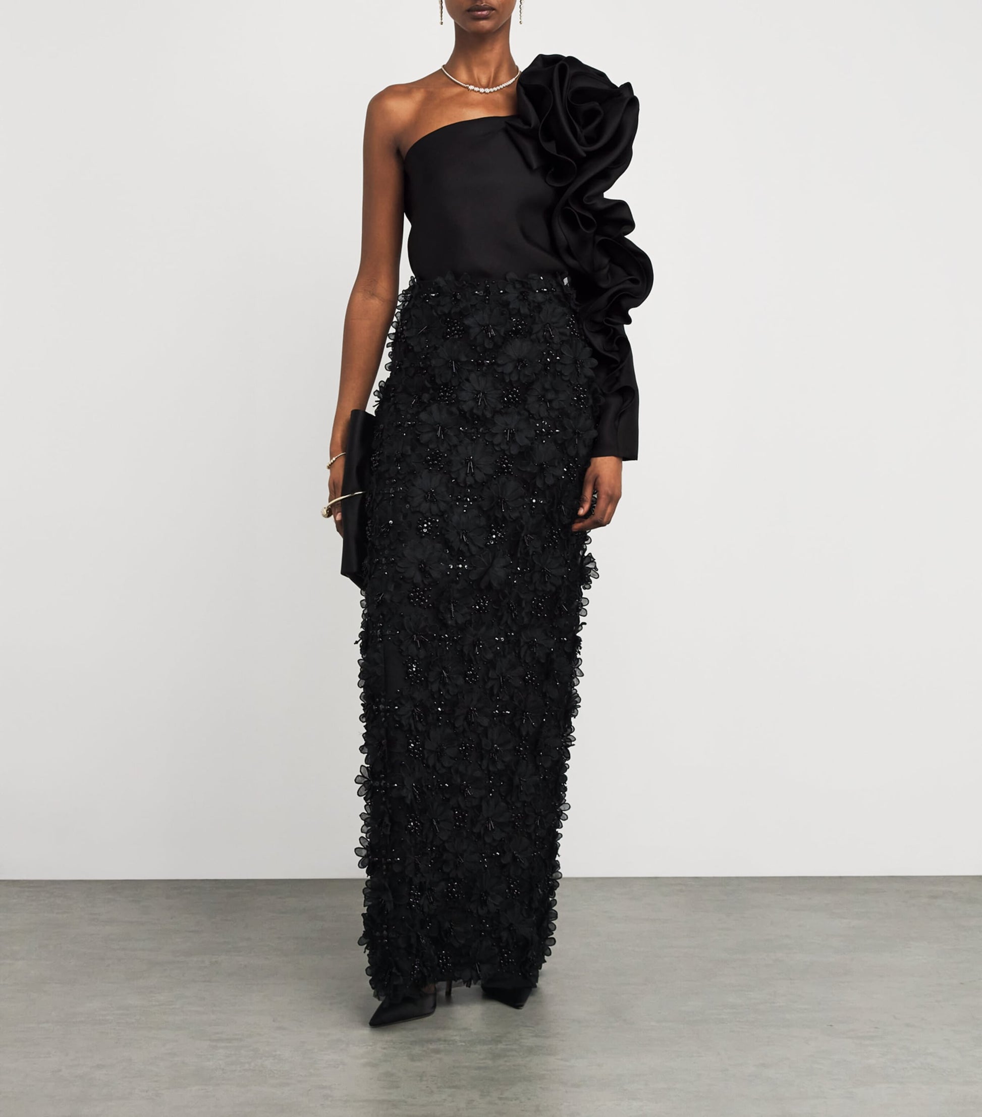 Carolina Herrera Black Silk Asymmetric Rosette Top