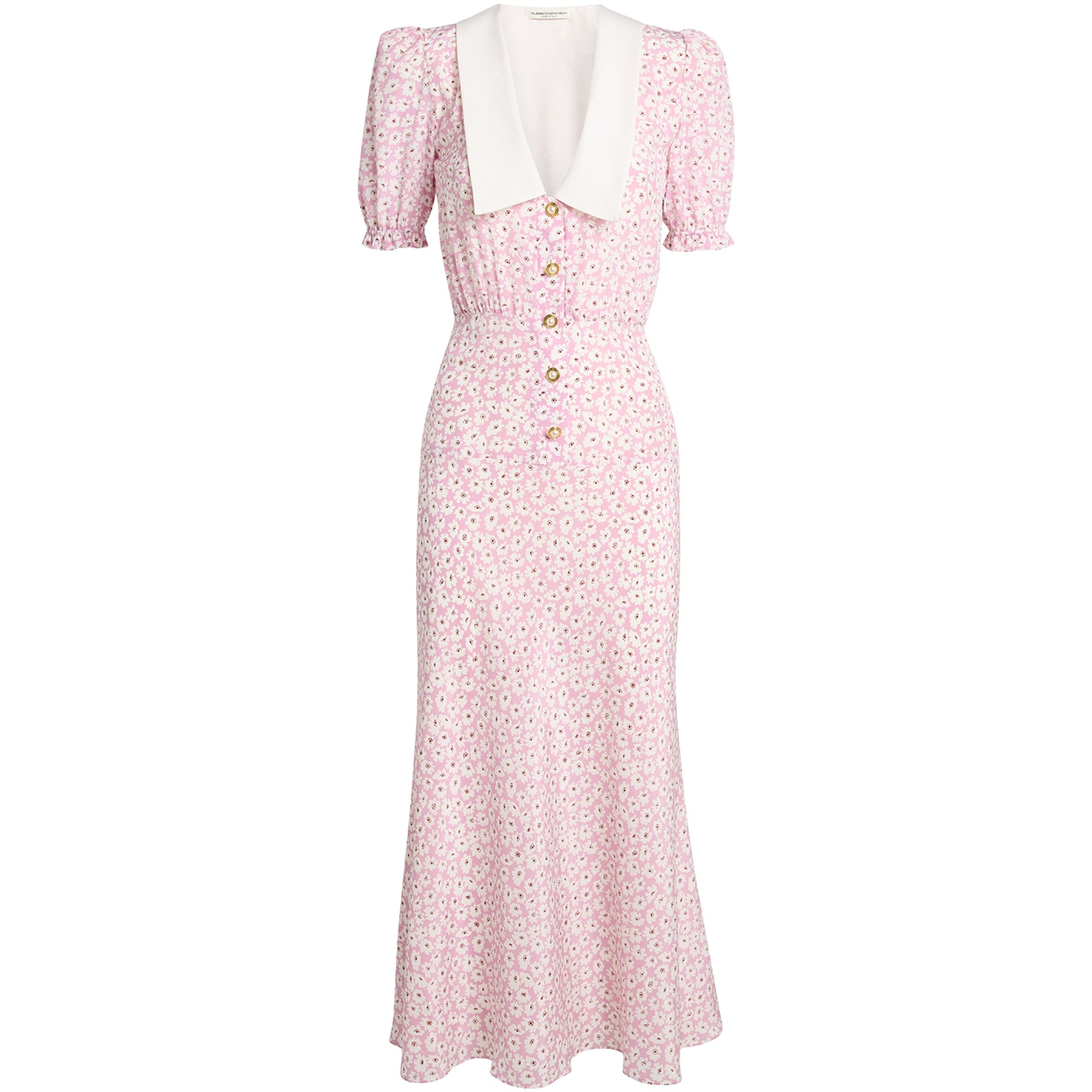 Alessandra Rich Pink Silk Floral Collar Midi Dress