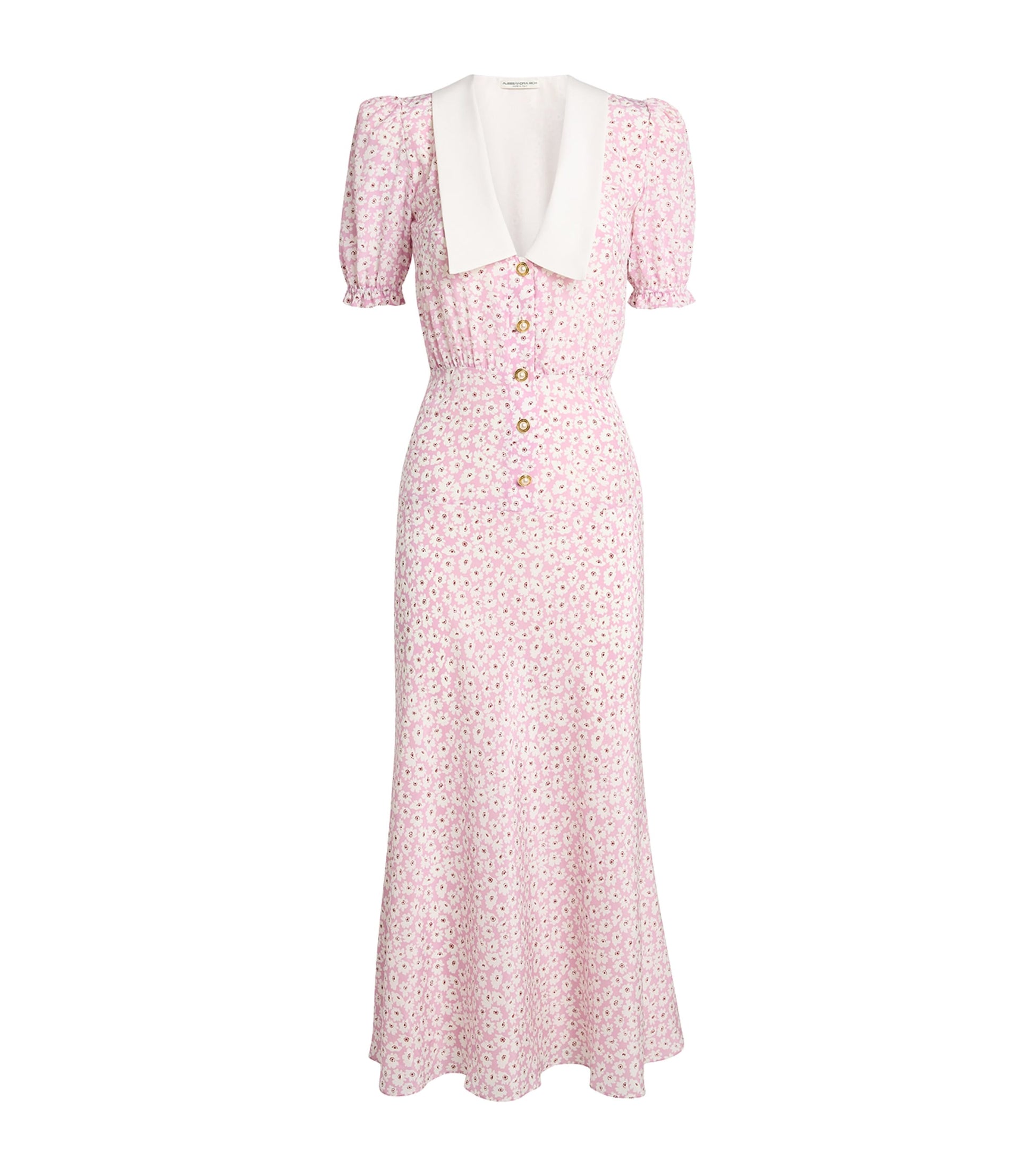 Alessandra Rich Pink Silk Floral Collar Midi Dress