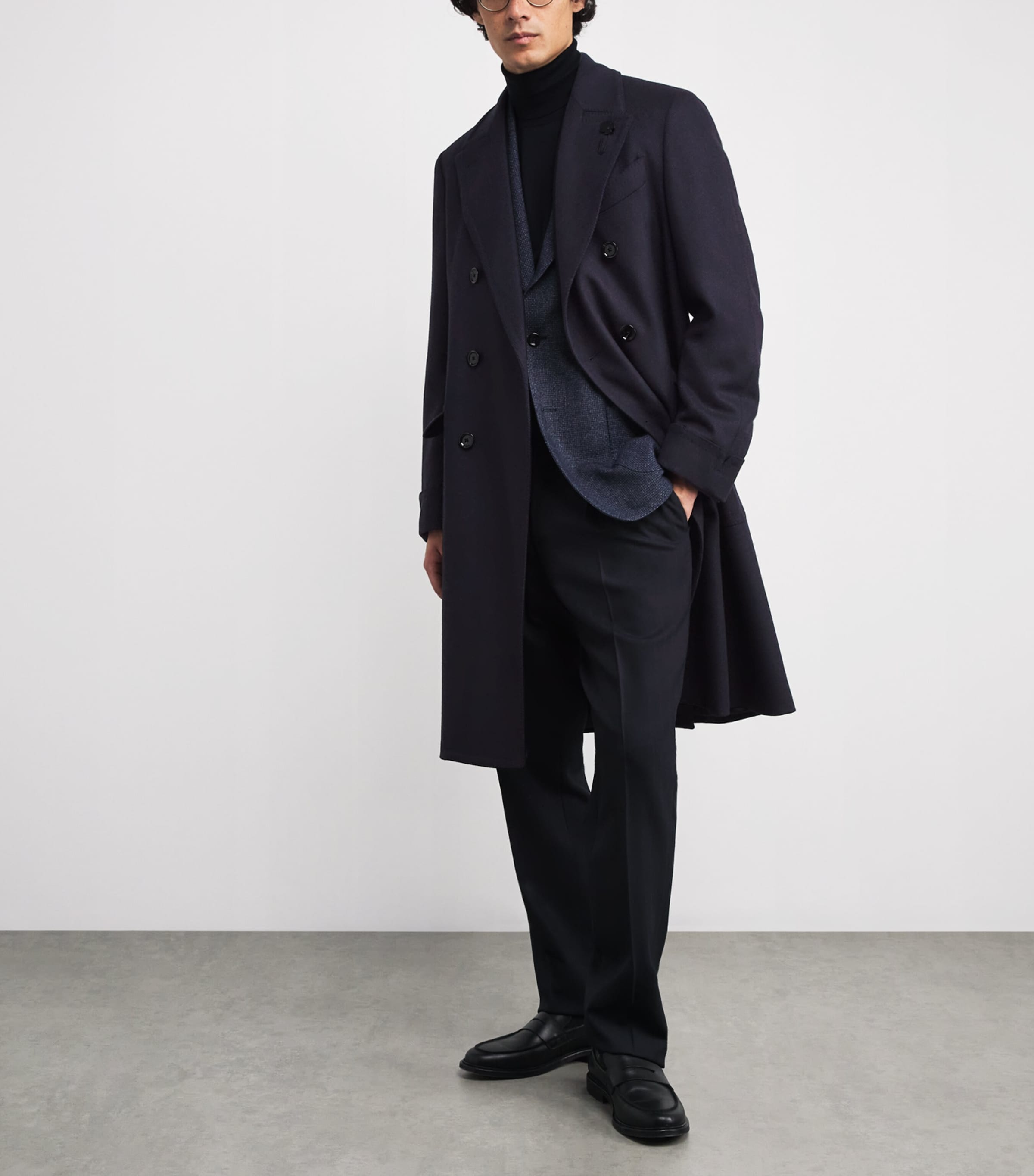 Lardini Navy Wool-Cashmere Double-Breasted Overcoat