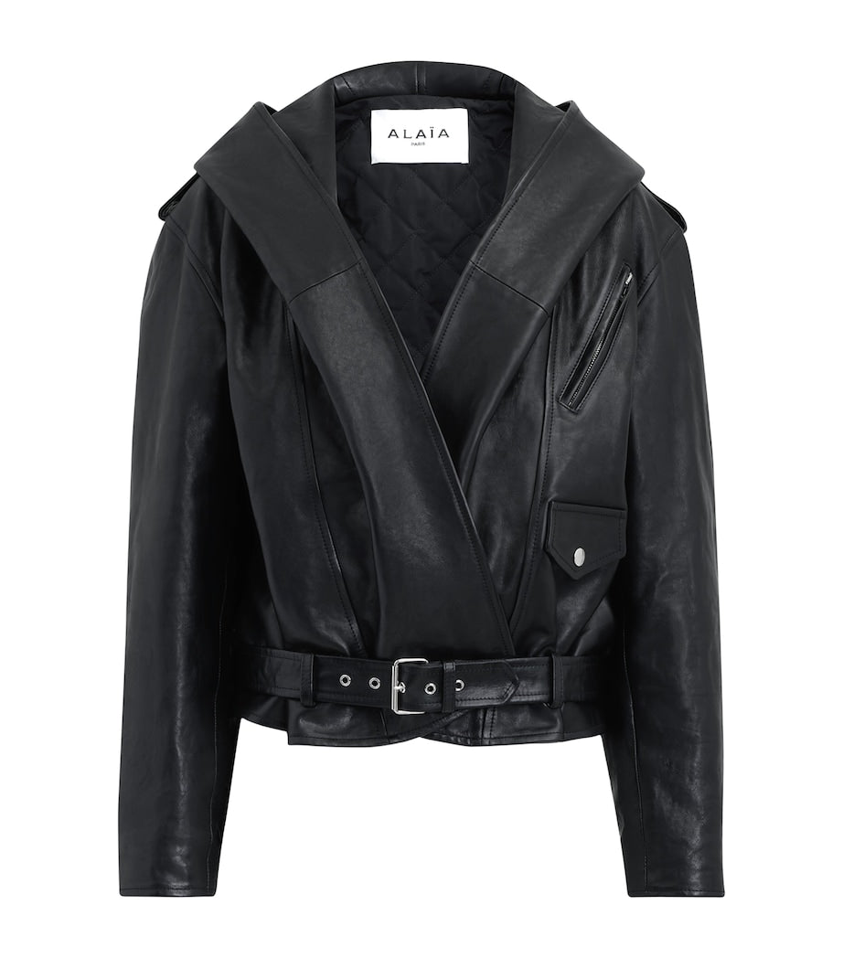 Alaïa Black Leather Hooded Biker Jacket