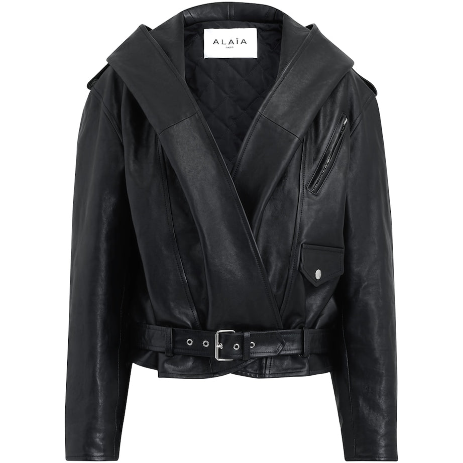 Alaïa Black Leather Hooded Biker Jacket