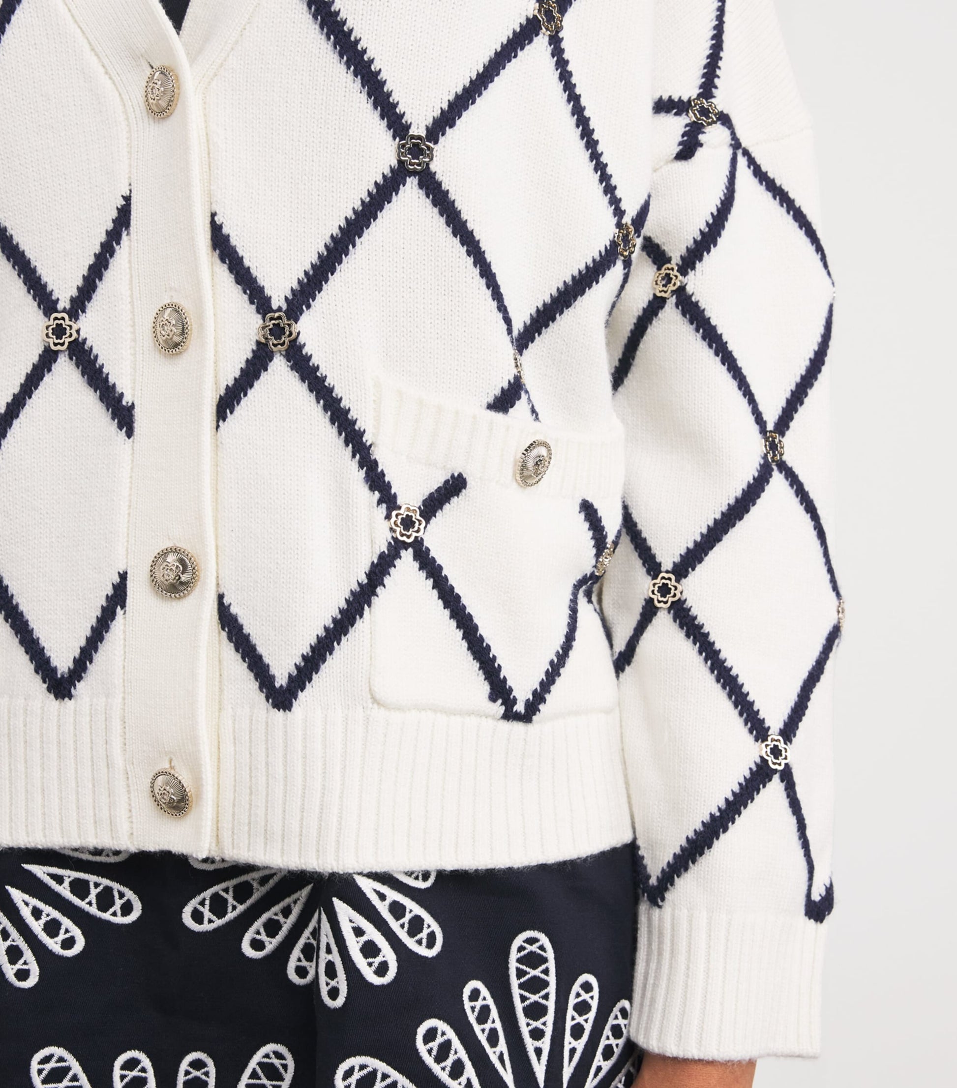 White Wool-Blend Jacquard Cardigan