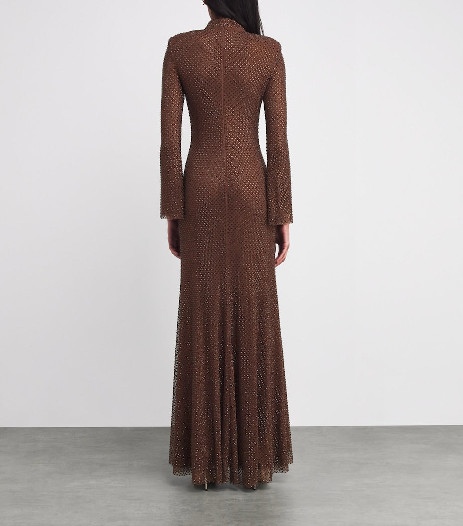 Self-Portrait Brown Mesh Rhinestone-Embellished Maxi Dress