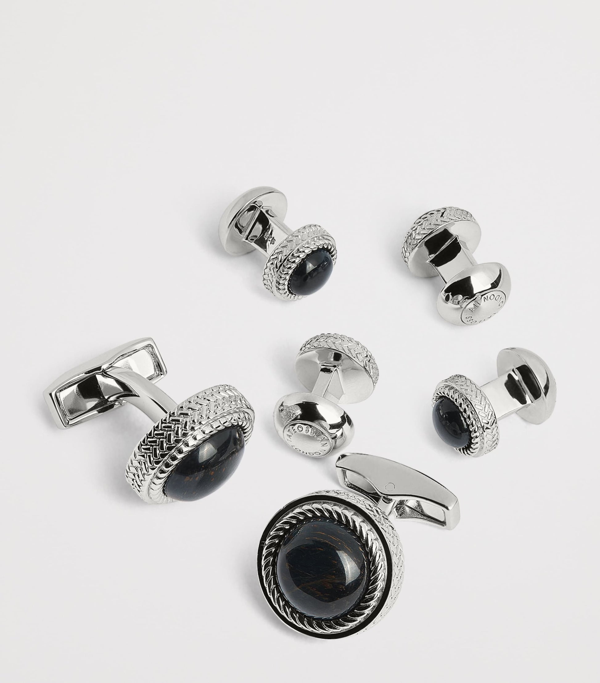 Sterling Silver and Onyx Herringbone Cufflinks and Studs Set