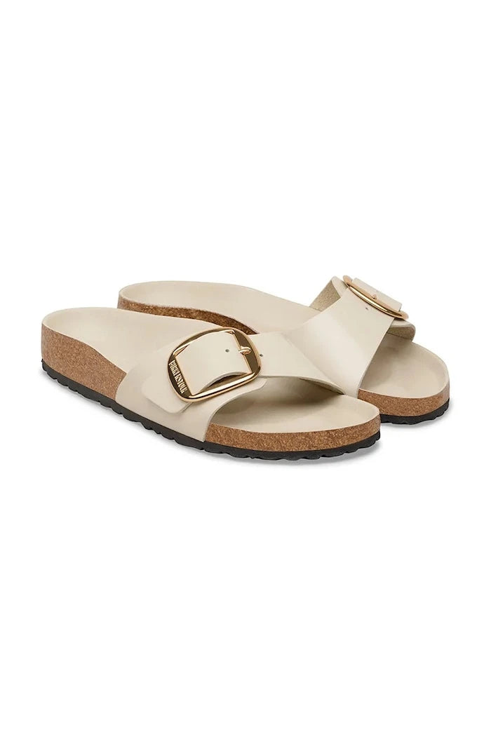 Birkenstock düz tabanlı kadın deri terlik Madrid Big Buckle