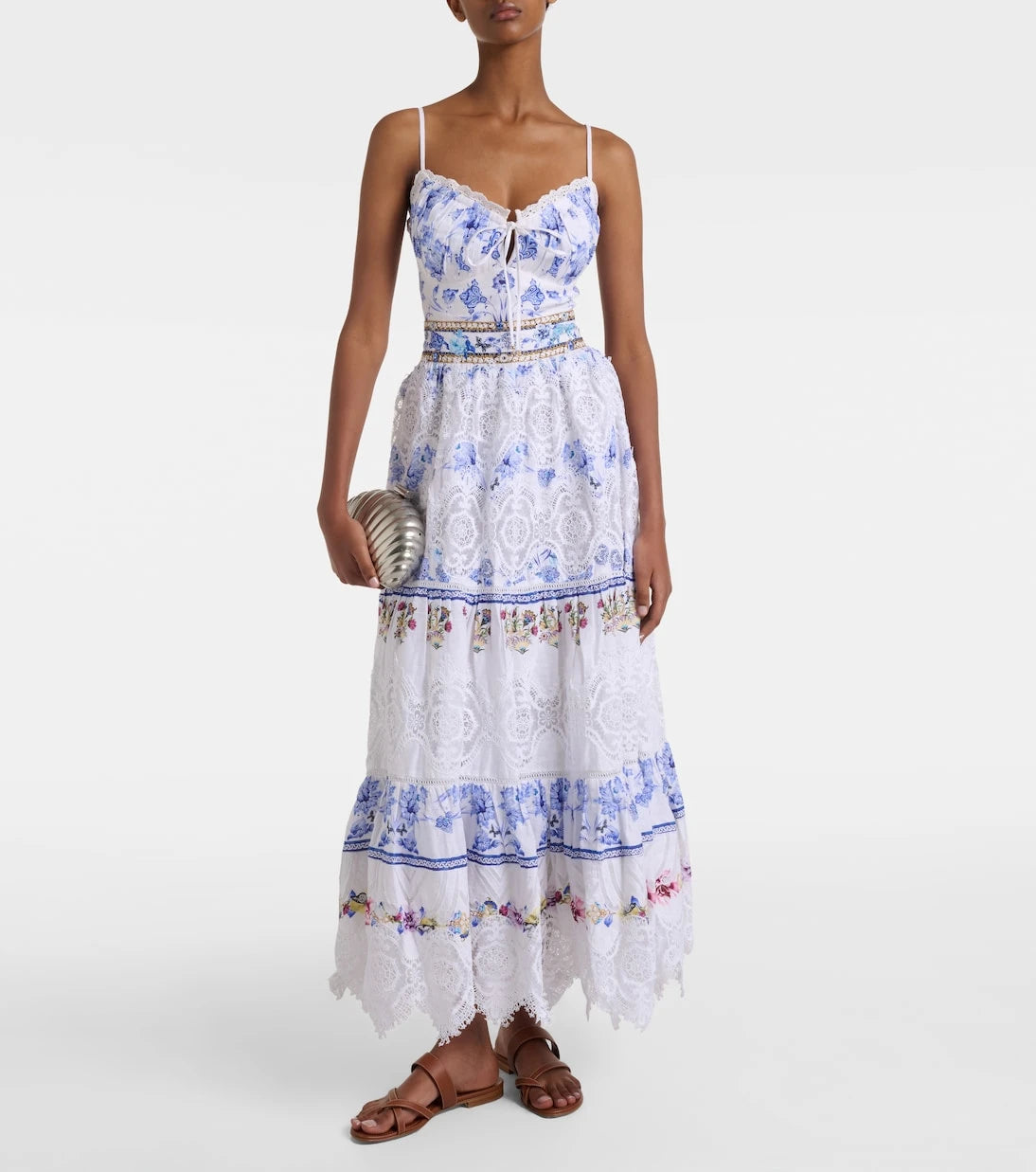Camilla - Printed lace-trimmed linen bra top