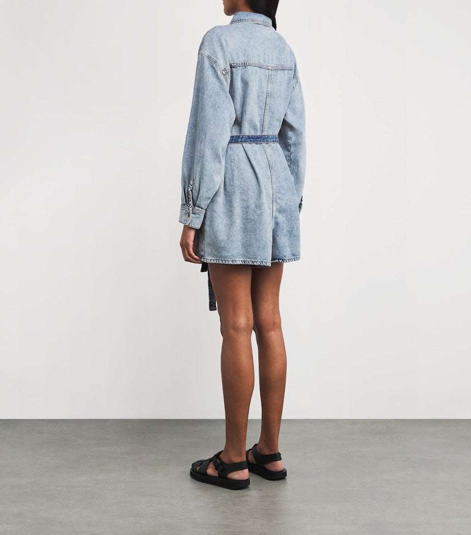 Blue Cotton-Blend Denim Belted Playsuit