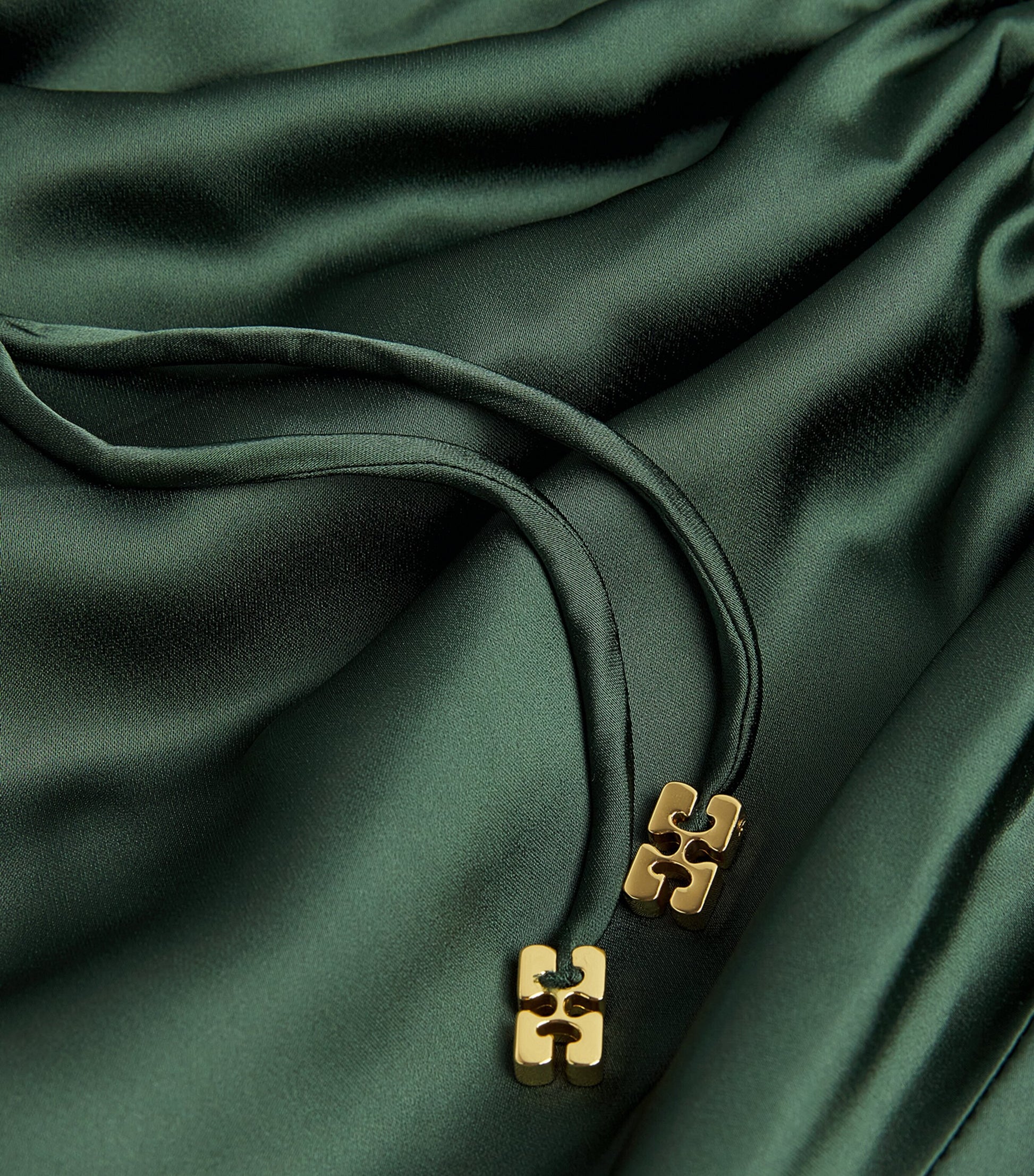 GANNI Green Satin Ruched Maxi Dress