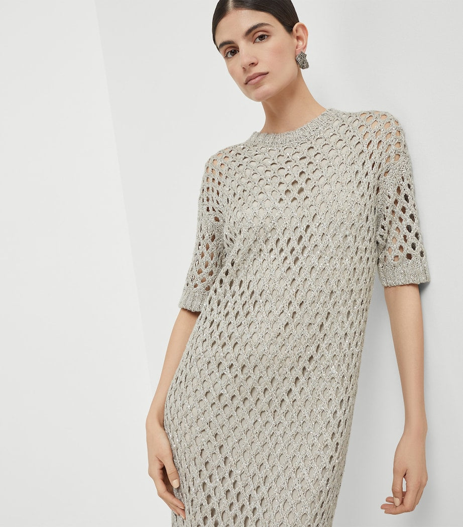 Brunello Cucinelli Grey Net Dazzling Knitted Midi Dress