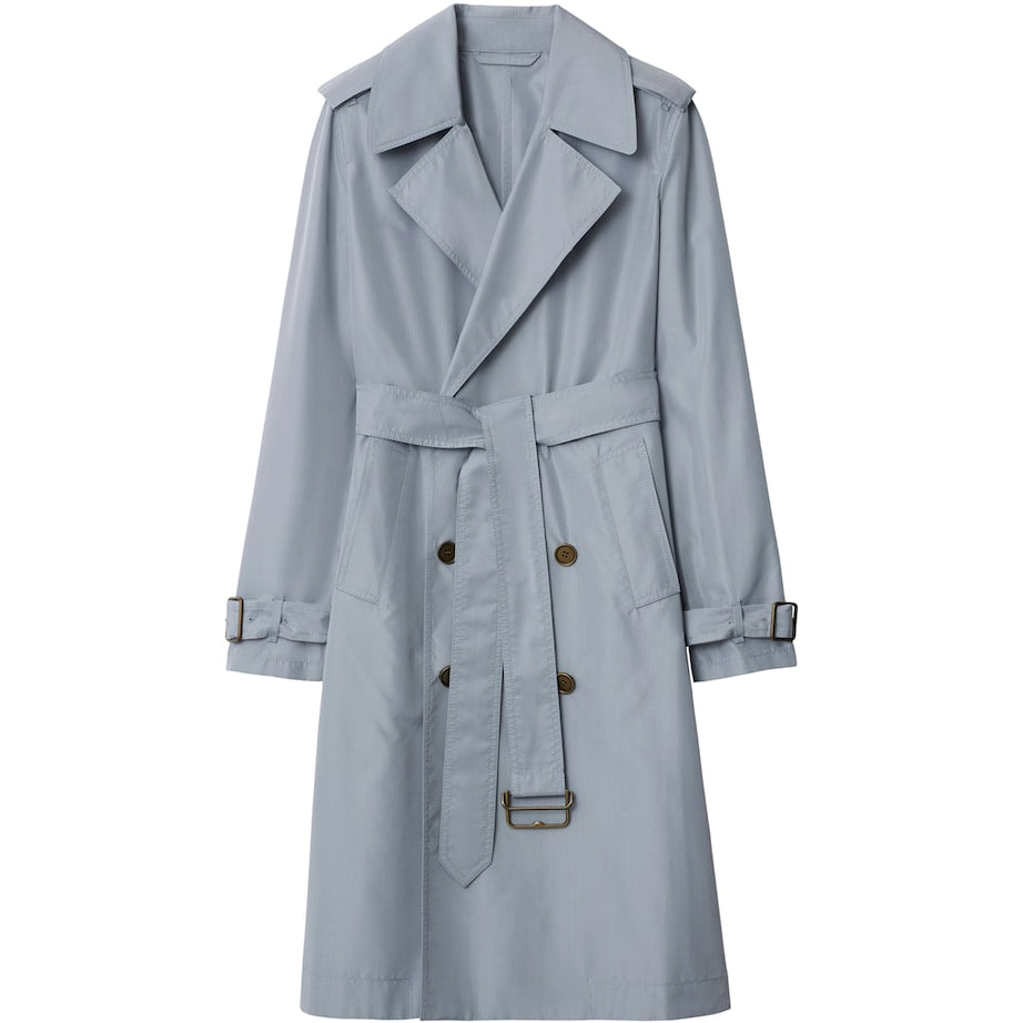 Blue Silk Poplin Long Trench Coat