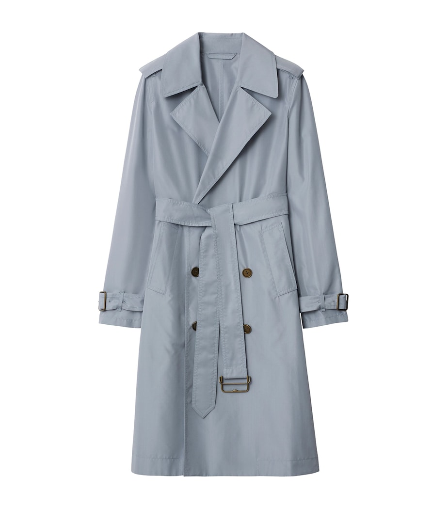Blue Silk Poplin Long Trench Coat